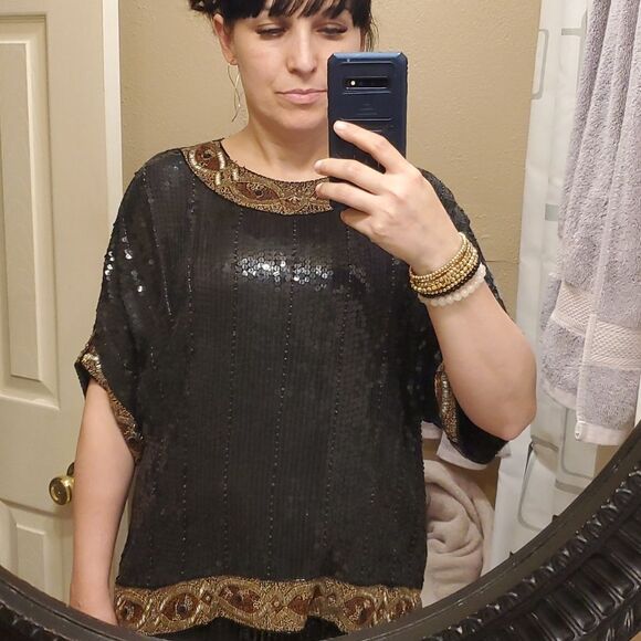 Vintage Sequin & Embroidered Silk Top with Dolman Sleeves by Justine Todd Size M - Picture 1 of 13